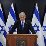 Israeli Prime Minister Benjamin Netanyahu speaks to the media during a press conference, in Tel Aviv, Israel, Monday, April 10, 2023. 