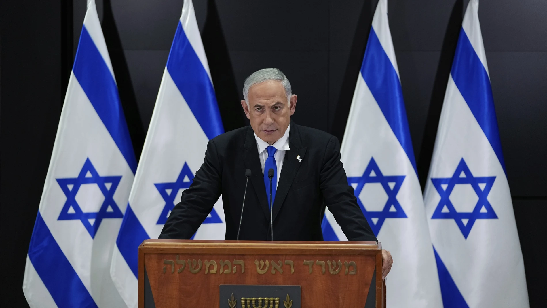 Israeli Prime Minister Benjamin Netanyahu speaks to the media during a press conference, in Tel Aviv, Israel, Monday, April 10, 2023. 
