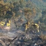 Efectivos del Plan Infoca trabajando en el incendio forestal de Jimena de la Frontera (Cádiz)