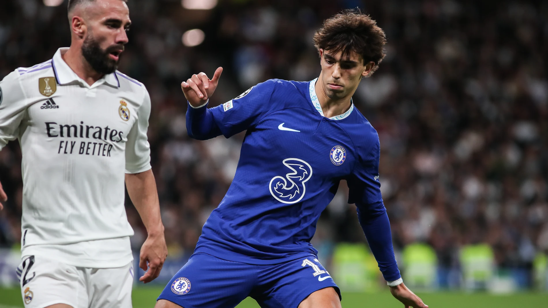 Daniel Carvajal of Real Madrid and Joao Felix of Chelsea in action during the UEFA Champions League, Quarter Finals round 1, football match between Real Madrid and Chelsea FC at Santiago Bernabeu stadium on April 12, 2023, in Madrid, Spain. Irina R. Hipolito / Afp7 12/04/2023 ONLY FOR USE IN SPAIN