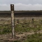FILE - A water meter stands in a dry wetland in Donana natural park, southwest Spain, on Oct. 19, 2022. Lawmakers in Spainís southern Andalusia region are set Wednesday April 12, 2023 to vote in favor of rezoning lands near one of Europeís most prized wetlands as irrigable against the advice of ecologists and repeated warnings from European officials. 