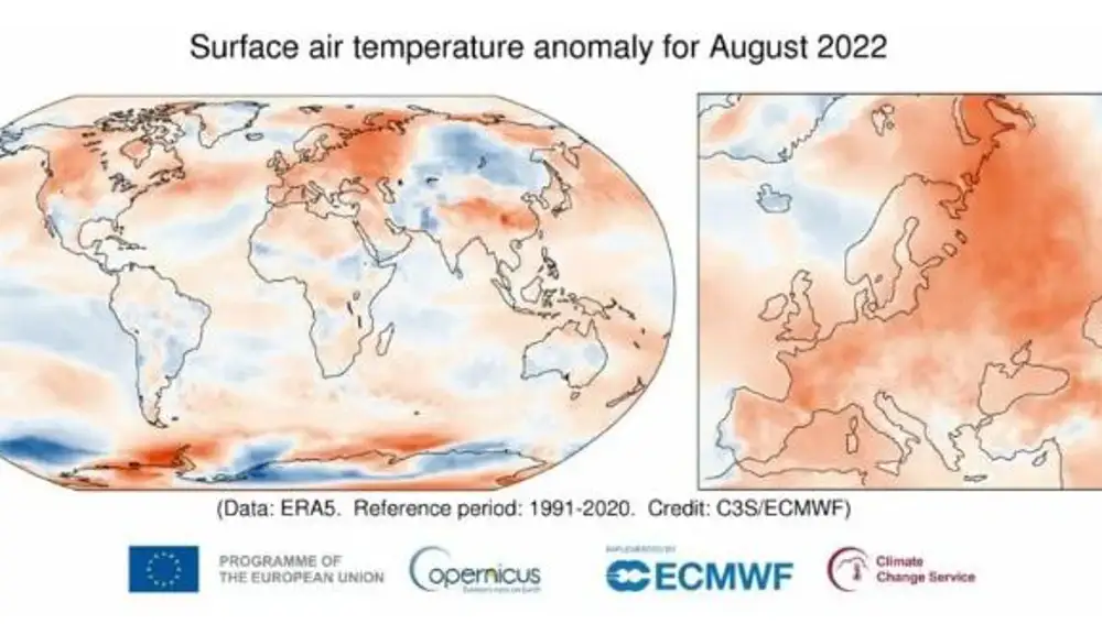 Anomalía de la temperatura del aire en la superficie para agosto de 2022 en relación con el promedio de agosto para el período 1991-2020