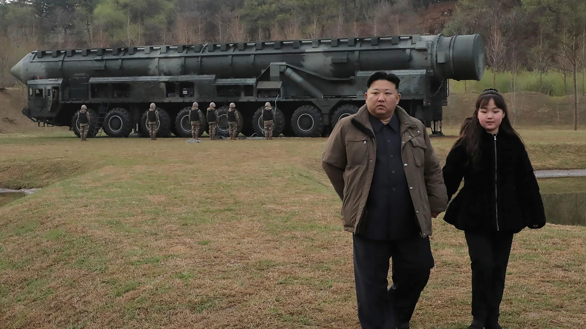 This photo provided April 14, 2023, by the North Korean government, shows North Korean leader Kim Jong Un, second right, and his daughter, inspect what it says is the test-launch of Hwasong-18 intercontinental ballistic missile Thursday, April 13, 2023 at an undisclosed location, North Korea. Independent journalists were not given access to cover the event depicted in this image distributed by the North Korean government. The content of this image is as provided and cannot be independently ve...
