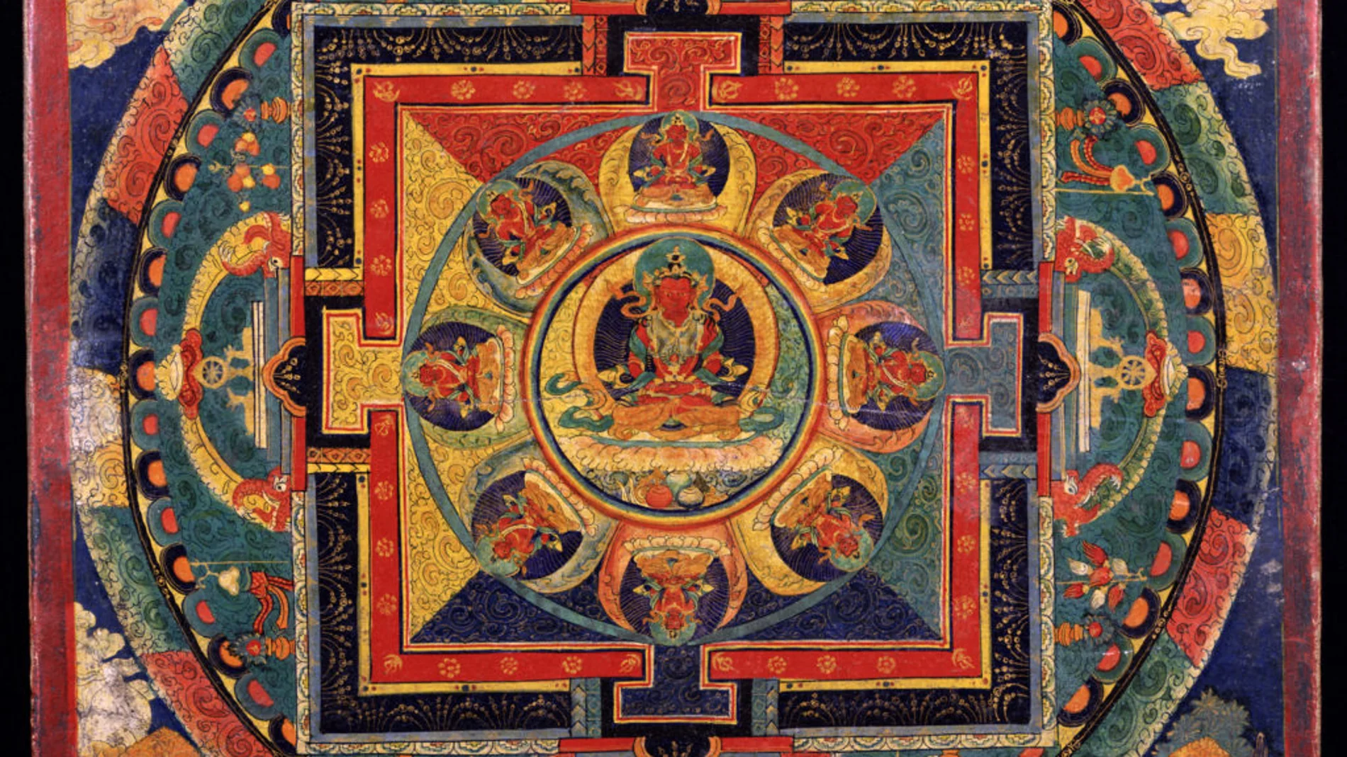 Un mandala (como el de la imagen) es una representación compleja del mundo en donde se representan distintos aspectos del budismo