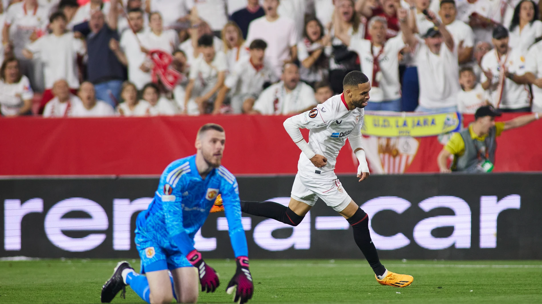 Youssef En-Nesyri of Sevilla FC celebrates a goal during the UEFA Europa League, quarter final second leg, match between Sevilla FC and Manchester United at Estadio Ramon Sanchez Pizjuan on April 20, 2023 in Sevilla, Spain. Joaquin Corchero / Afp7 20/04/2023 ONLY FOR USE IN SPAIN