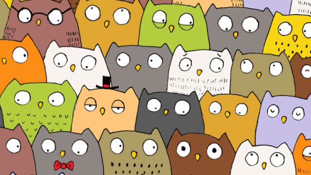 Encuentra el gatito escondido entre los búhos