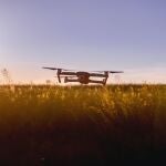 Dron volando sobre un campo 