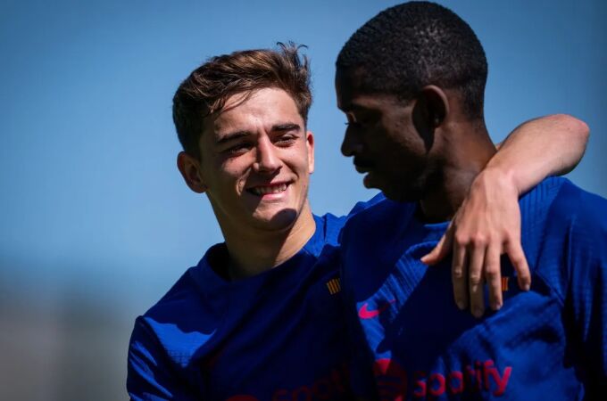 Gavi y Dembélé, en un entrenamiento del Barcelona