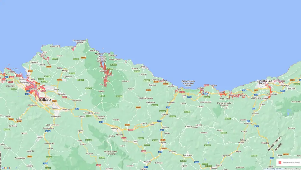 Principales territorios afectados del País Vasco cuando el mar suba 4 metros
