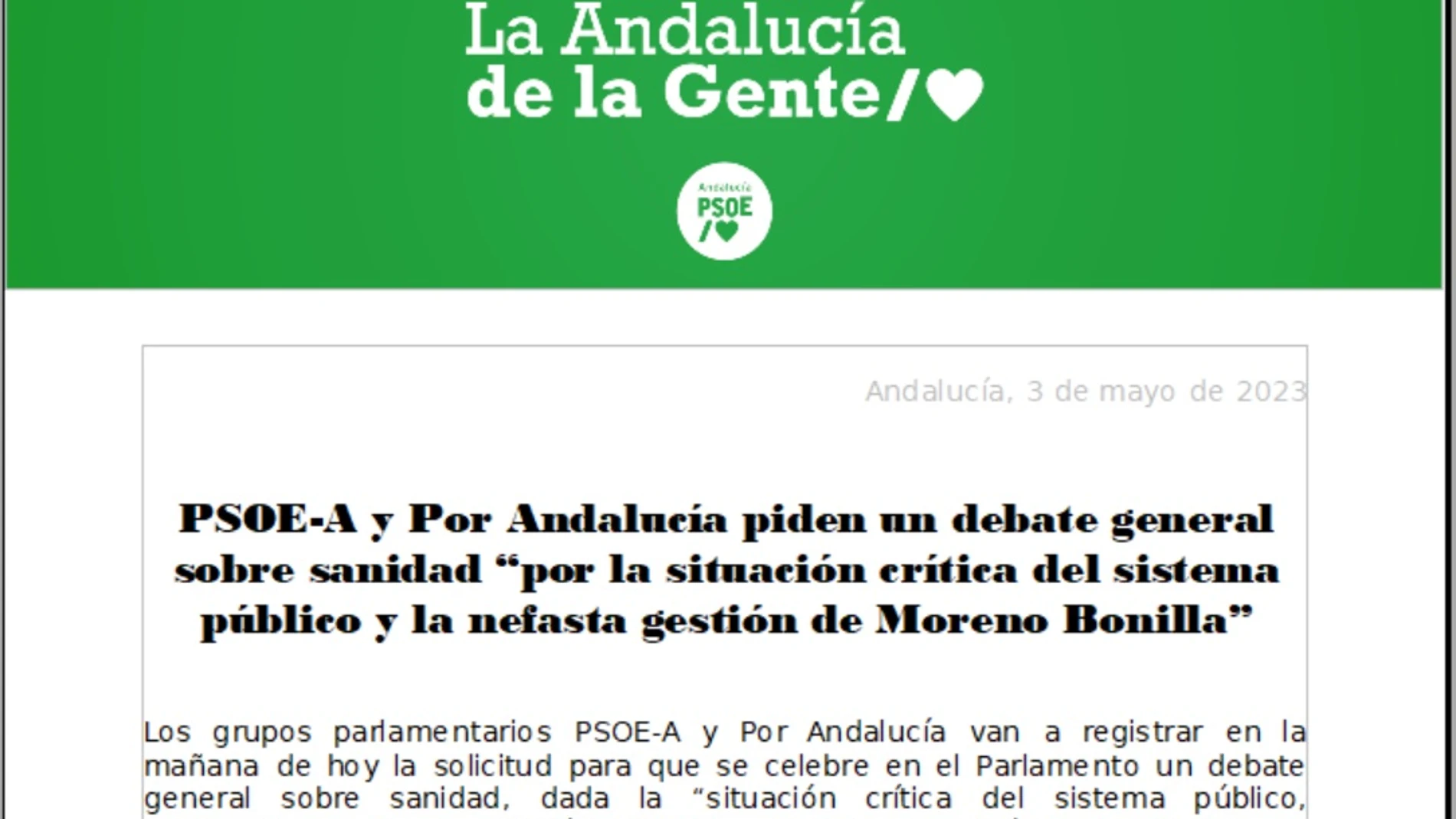 Nota de prensa conjunta de PSOE-A y Por Andalucía, con el membrete socialista