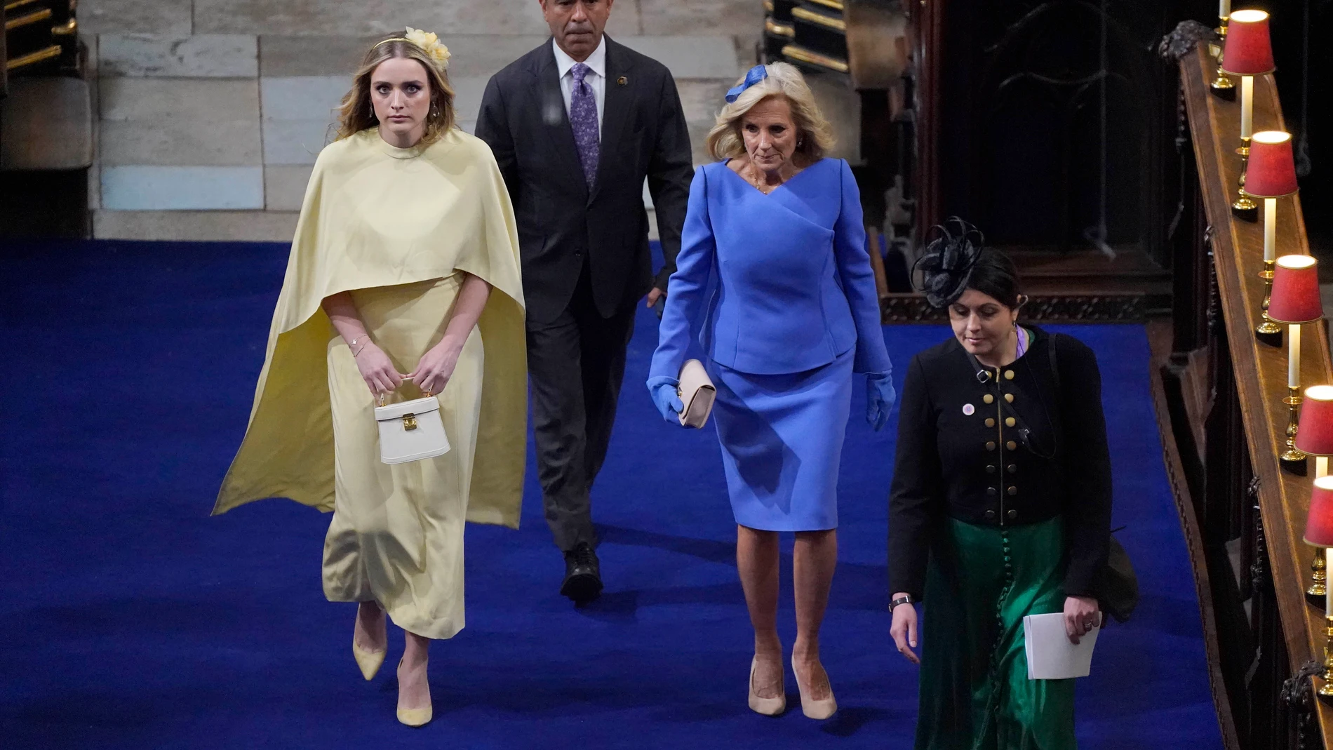 US First Lady Jill Biden, and her granddaughter Finnegan arrive at Westminster Abbey, ahead of the coronation of King Charles III and Camilla, the Queen Consort, in London, Saturday, May 6, 2023. (Andrew Matthews/Pool via AP)