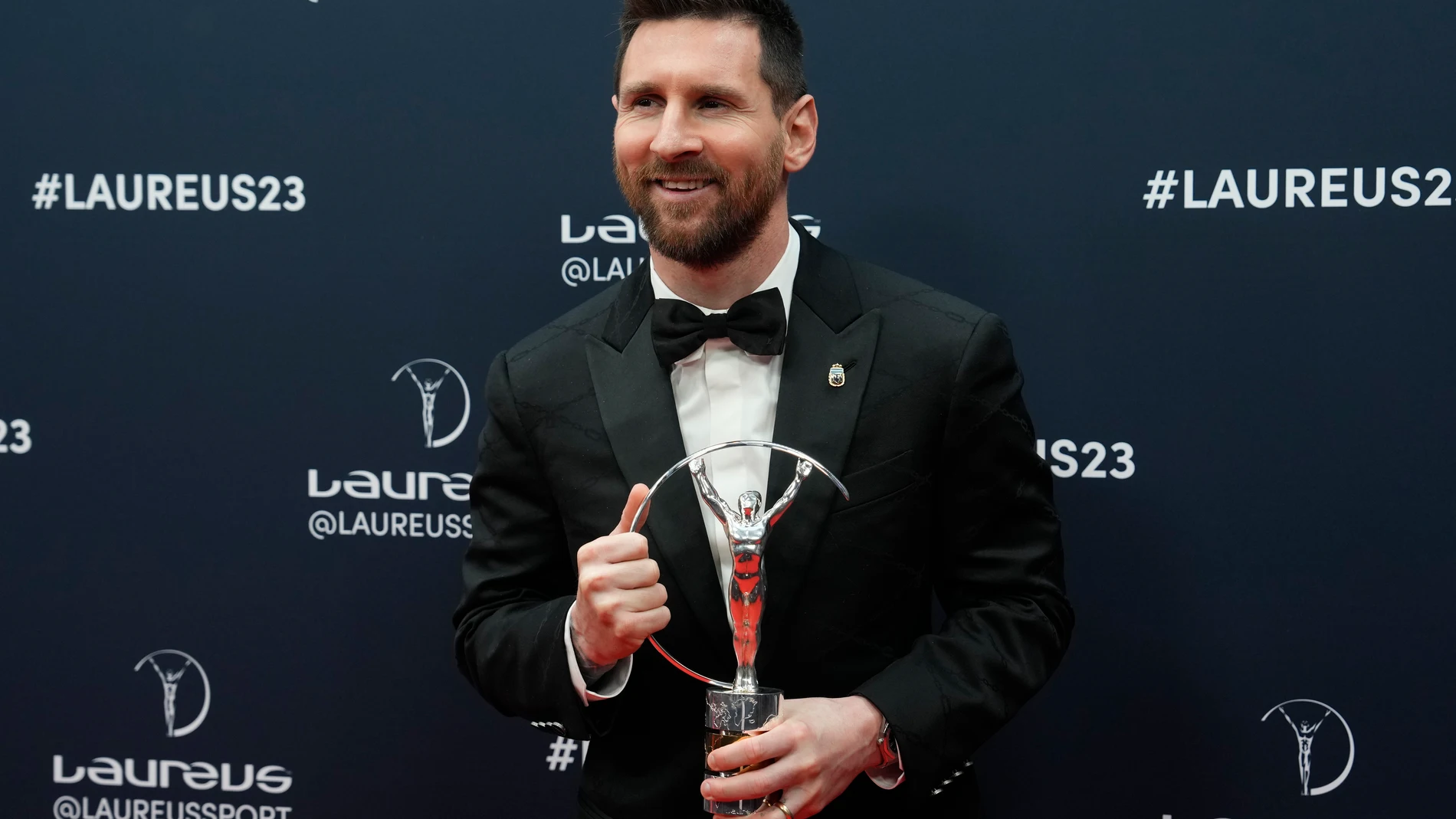 Argentine soccer player Lionel Messi poses after he was presented the award for sportsperson of the year at the Laureus Sports Awards ceremony in Paris, Monday, May 8, 2023. (AP Photo/Lewis Joly)
