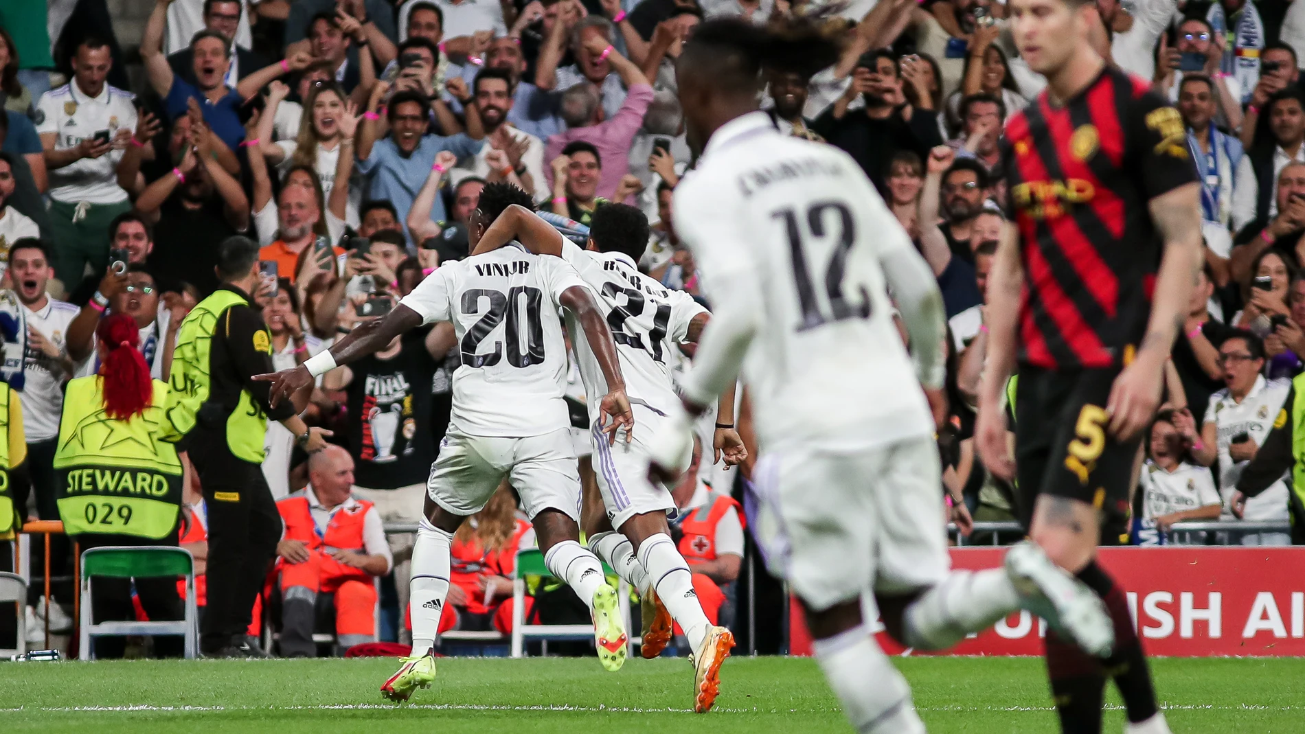 Vinicius Junior of Real Madrid celebrates a goal during the UEFA Champions League, Semi Finals, football match played between Real Madrid and Manchester City at Santiago Bernabeu Stadium on May 09, 2023 in Madrid, Spain. Irina R. Hipolito / Afp7 09/05/2023 ONLY FOR USE IN SPAIN