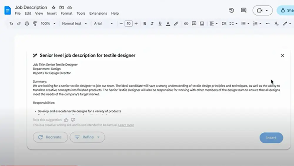Help me write, el asistente IA para Gmail, permite generar textos completos a partir de un prompt del usuario. En esta caso, una oferta de trabajo a partir del nombre de la posición ofertada. 