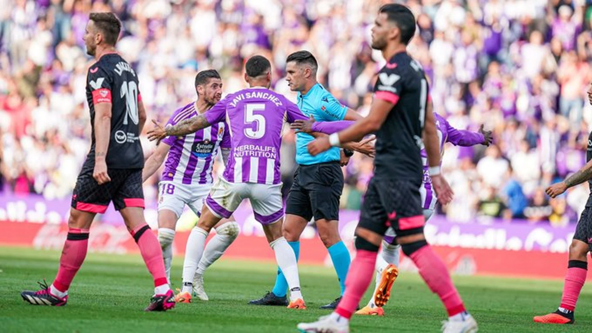 Los jugadores del Real Valladolid piden explicaciones al árbitro Ortiz Arias tras el gol anulado 