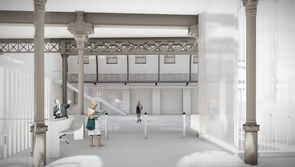 Imagen virtual del vestíbulo del futuro espacio cultural y social en Plaza de España junto al Senado. 