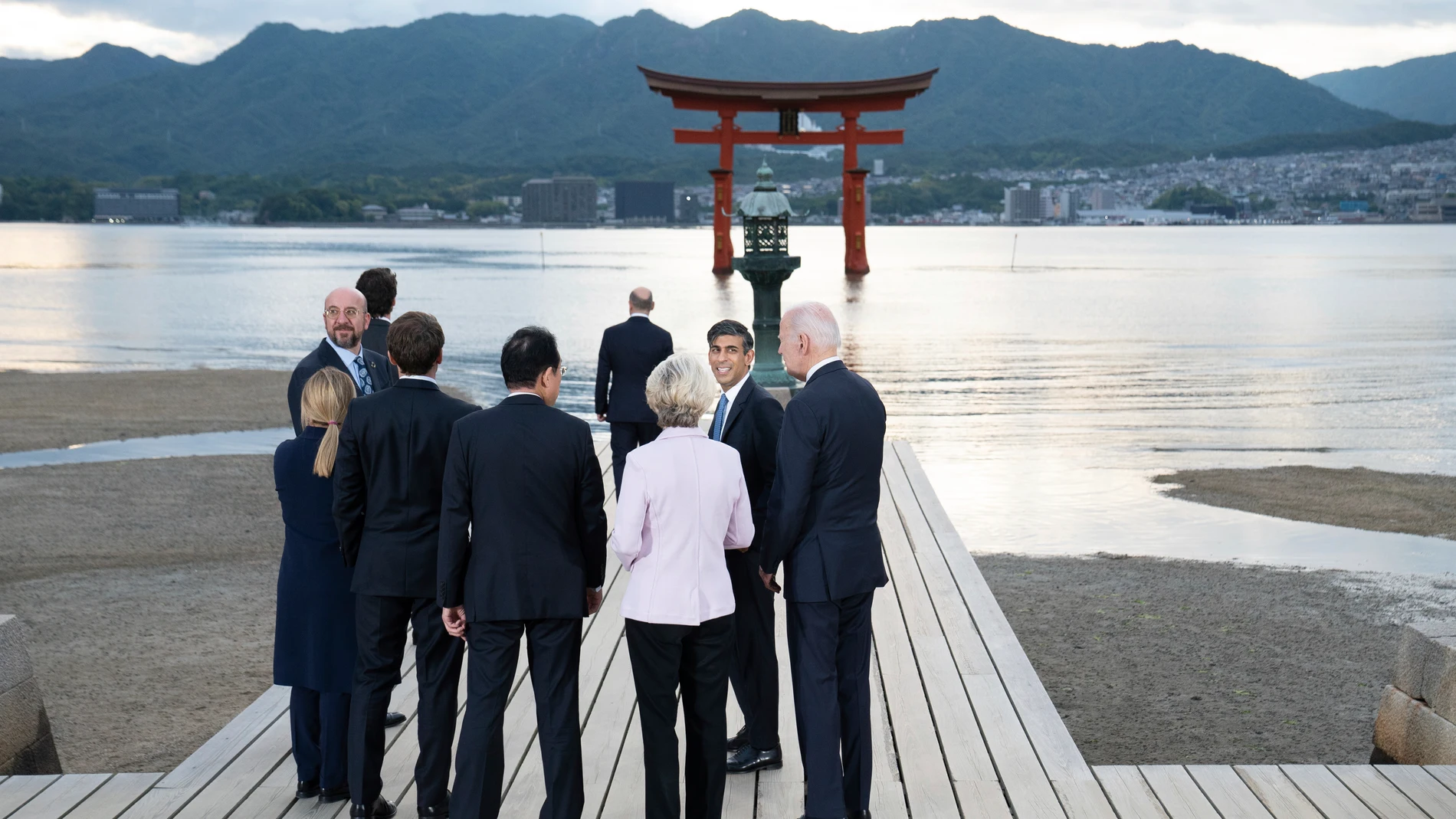 G7 leaders gather for the family photo at the Itsukushima Shrine in Hiroshima, western Japan, Friday, May 19, 2023. (Stefan Rousseau/Pool Photo via AP)