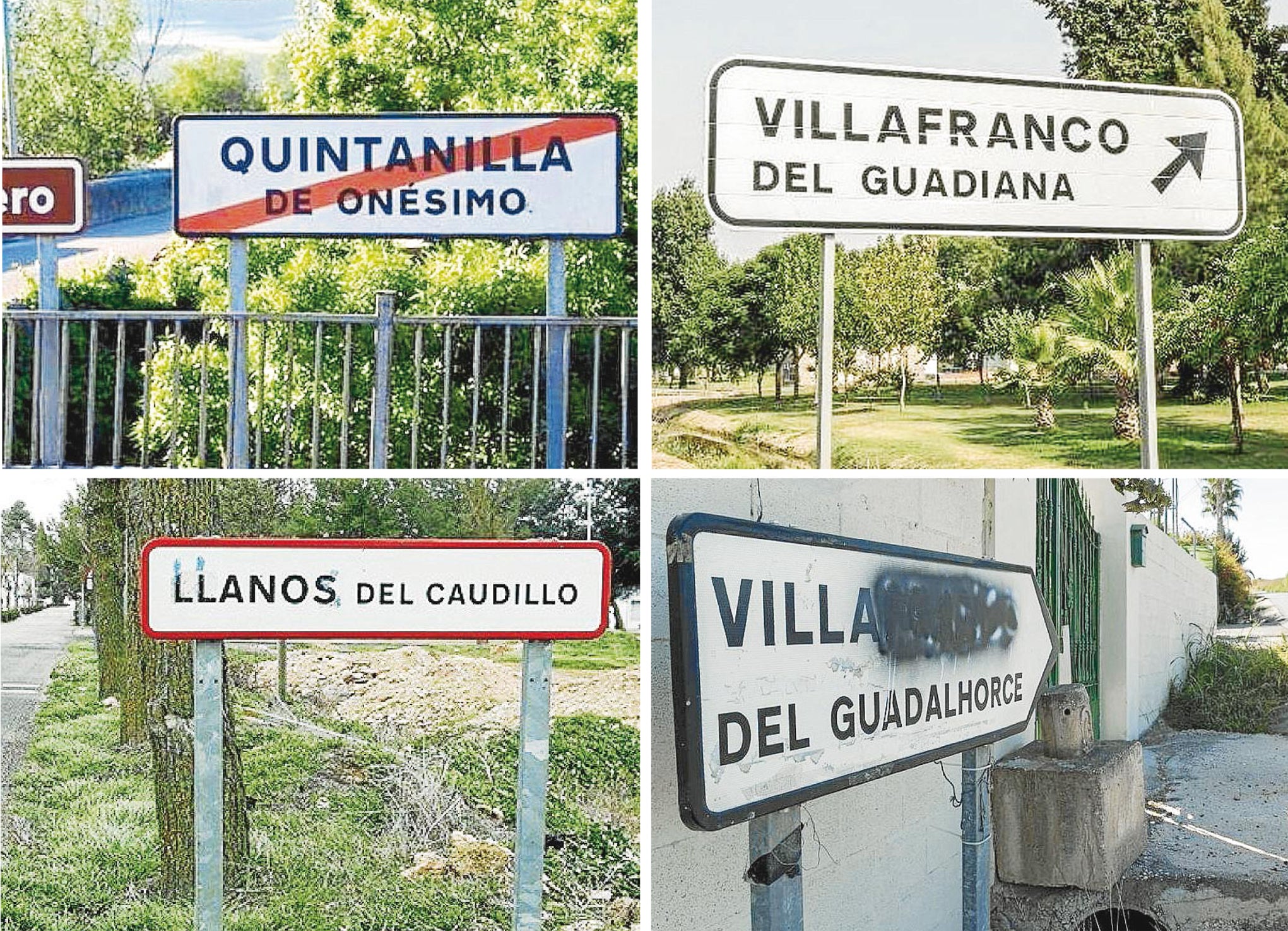 Carteles de alguna de las poblaciones donde figuran denominaciones contrarias a la Ley de Memoria Democrática