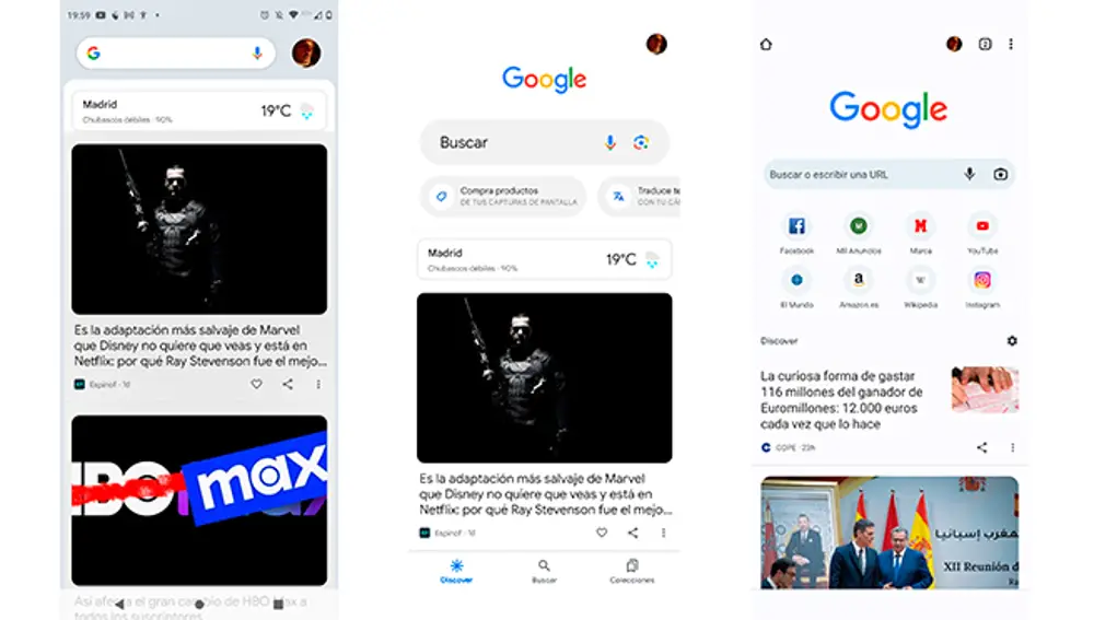 De izquierda a derecha, Discover al deslizar el dedo hacia la derecha en Android, en la app de Google y en el navegador Chrome.