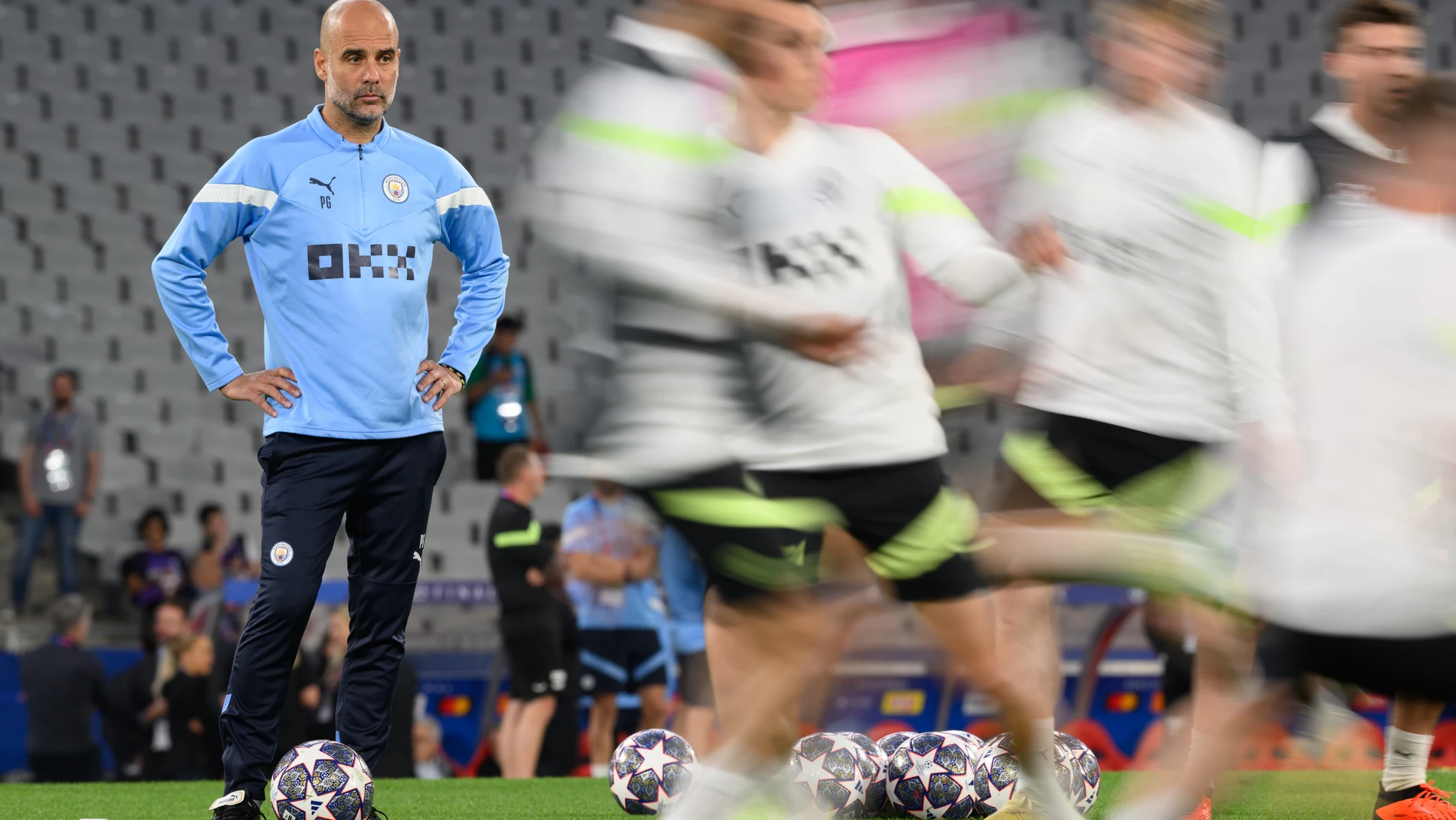09 June 2023, Turkey, Istanbul: Manchester City manager Pep Guardiola leads a training session at the Ataturk Olympic Stadium ahead of Saturday's UEFA Champions League Final soccer match against Inter Milan. Photo: Robert Michael/dpa 09/06/2023 ONLY FOR USE IN SPAIN