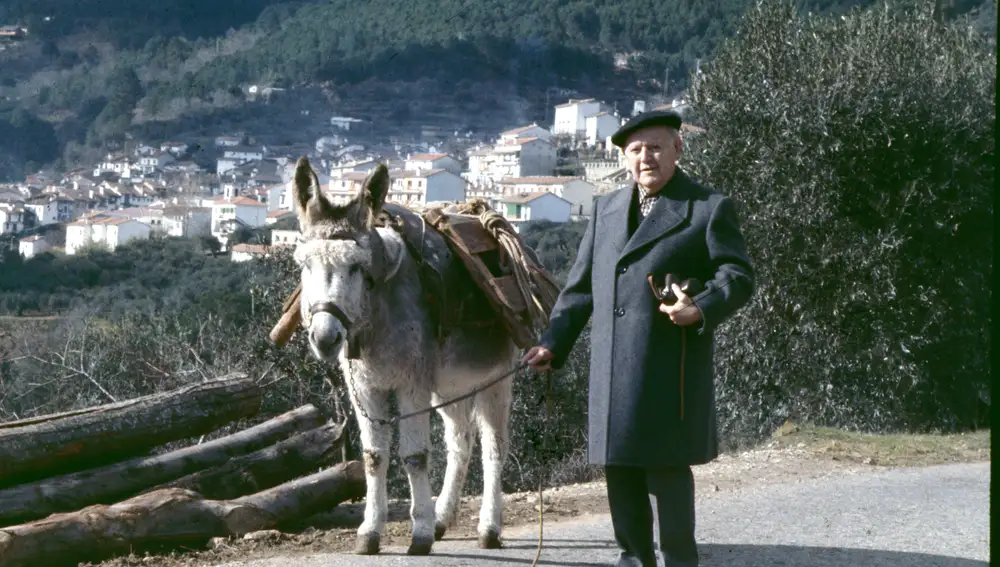 Marcial Lafuente pasea por los alrededores de Guisando en 1978 con un burro