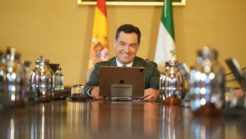 El presidente de la Junta de Andalucía, Juanma Moreno, en una reunión del Consejo de Gobierno en San Telmo