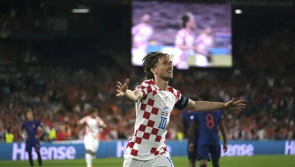 Croatia's Luka Modric celebrates after scoring his side's fourth goal against Netherlands during the Nations League semifinal soccer match between the Netherlands and Croatia at De Kuip stadium in Rotterdam, Netherlands, Wednesday, June 14, 2023.