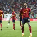 Spain&#39;s Joselu celebrates after scoring his side&#39;s second goal during the Nations League semifinal soccer match between the Spain and Italy at De Grolsch Veste stadium in Enschede, eastern Netherlands, 