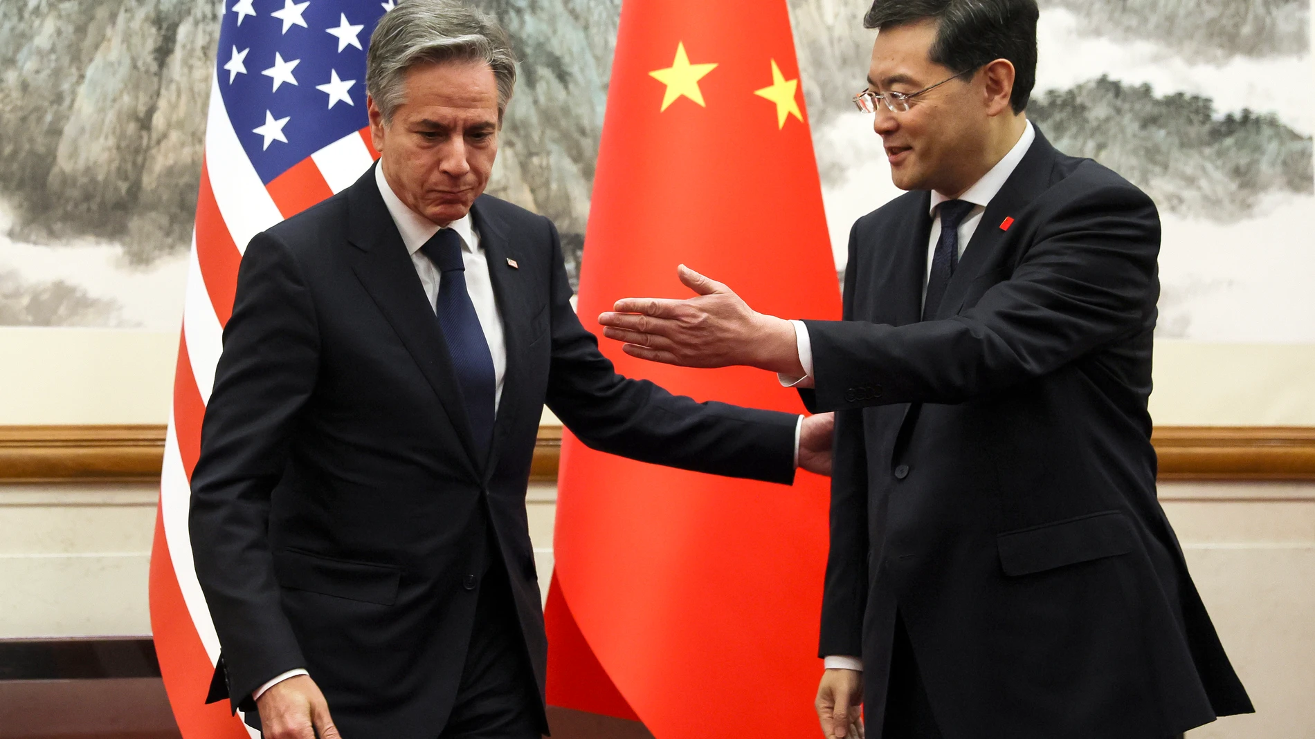 U.S. Secretary of State Antony Blinken, left, meets with Chinese Foreign Minister Qin Gang, right, at the Diaoyutai State Guesthouse in Beijing, China, Sunday, June 18, 2023. (Leah Millis/Pool Photo via AP)