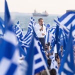 El líder conservador griego, Kyriakos Mitsotakis, en un mitin en Tesalónica