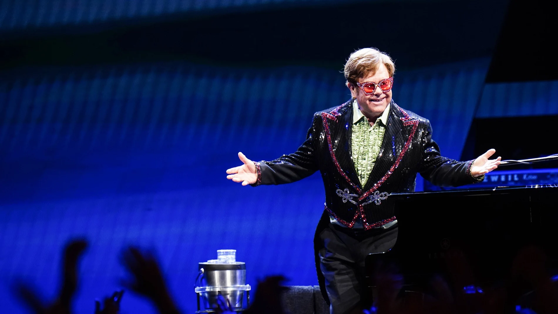 British singer Elton John performs on stage during his Farewell Yellow Brick Road show at the O2 Arena, in south London.