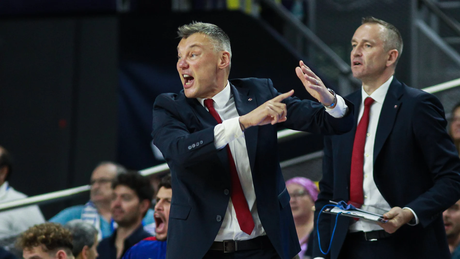 Sarunas Jasikevicius, head coach of FC Barcelona gestures during Final Playoff (match 3) of Liga Endesa basketball match between Real Madrid and FC Barcelona at Wizink Center on June 20, 2023 in Madrid, Spain.