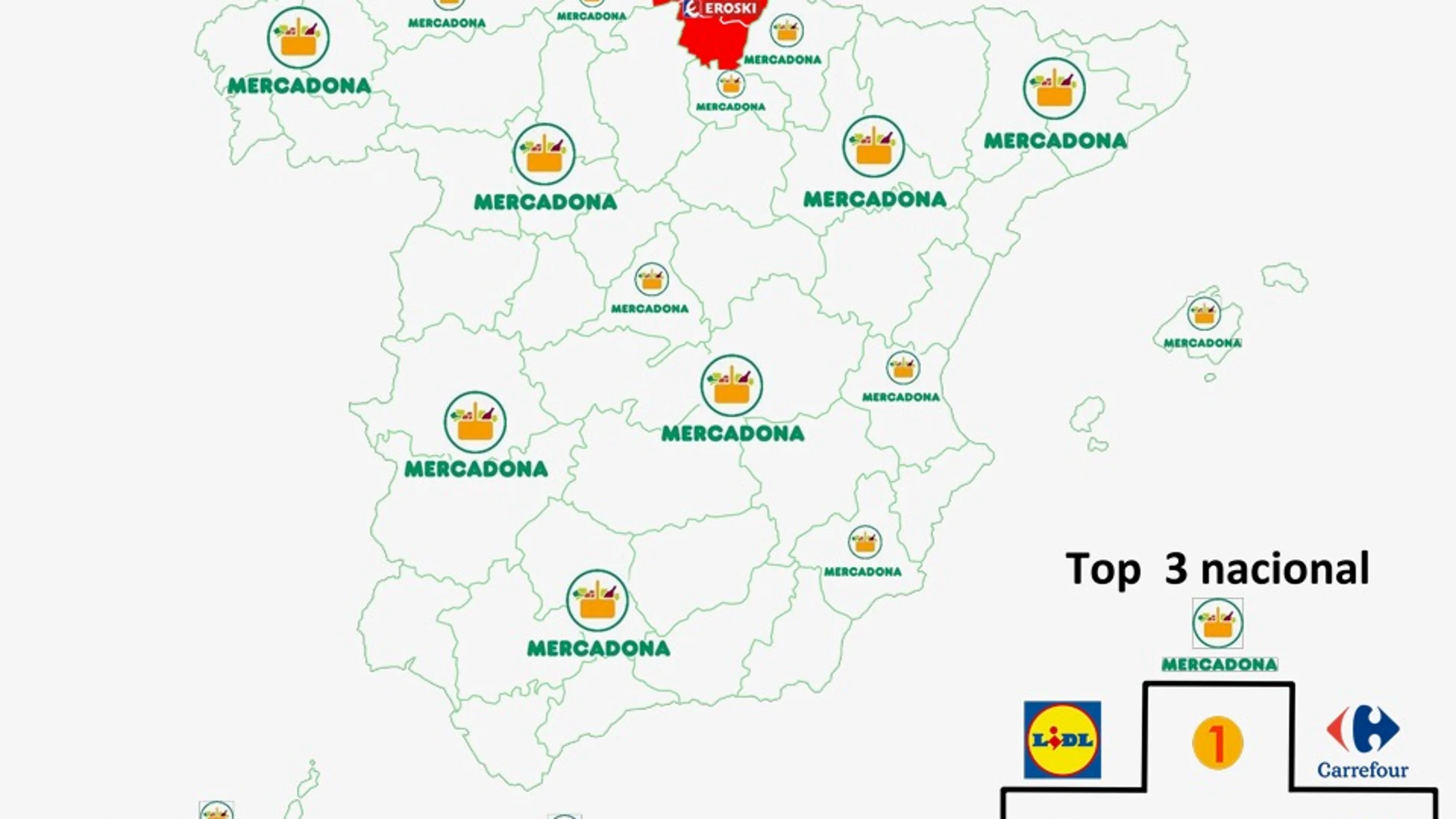 Mapa de las marcas favoritas de supermercados en España