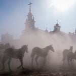 -FOTODELDÍA- EL ROCÍO (HUELVA), 26/06/2023.- Alrededor de 1.500 cabezas de equinos en estado semisalvaje pasan delante de la ermita de El Rocío (Huelva), tras salir esta mañana de la marisma de Doñana hasta los corrales del recinto ganadero municipal de Almonte, Huerta de la Cañada, en la conocida como 'Saca de las Yeguas', una tradición ancestral que los almonteños vienen realizando desde hace más de 500 años cada 26 de junio. 