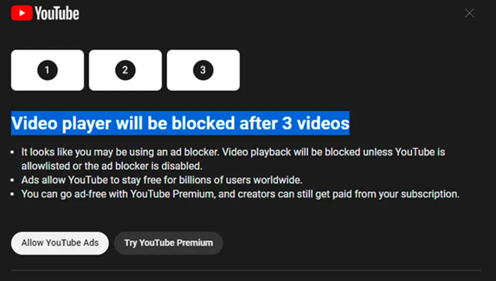 Mensaje de YouTube recomendando prescindir del bloqueador de anuncios.