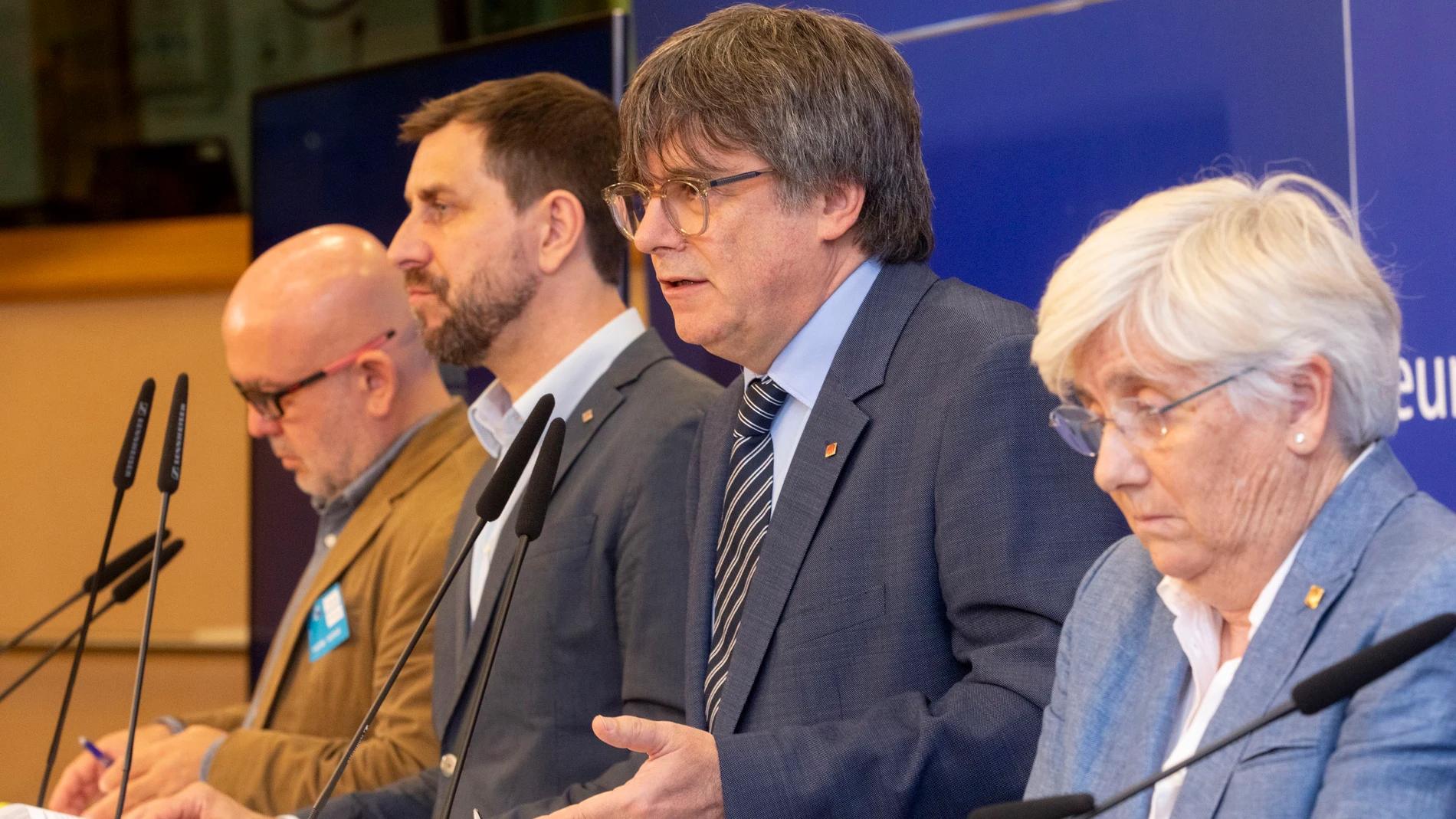 Catalan leader in exile Carles Puigdemont pictured during a press conference regarding the evaluation of the sentence of the Court of the European Union on the lifting of the euro-parliamentary immunity of Catalan leader Puigdemont and separatists Comin and Ponsati, Wednesday 05 July 2023, at the European parliament, in Brussels. Editorial licence valid only for Spain and 3 MONTHS from the date of the image, then delete it from your archive. For non-editorial and non-licensed use, please cont...