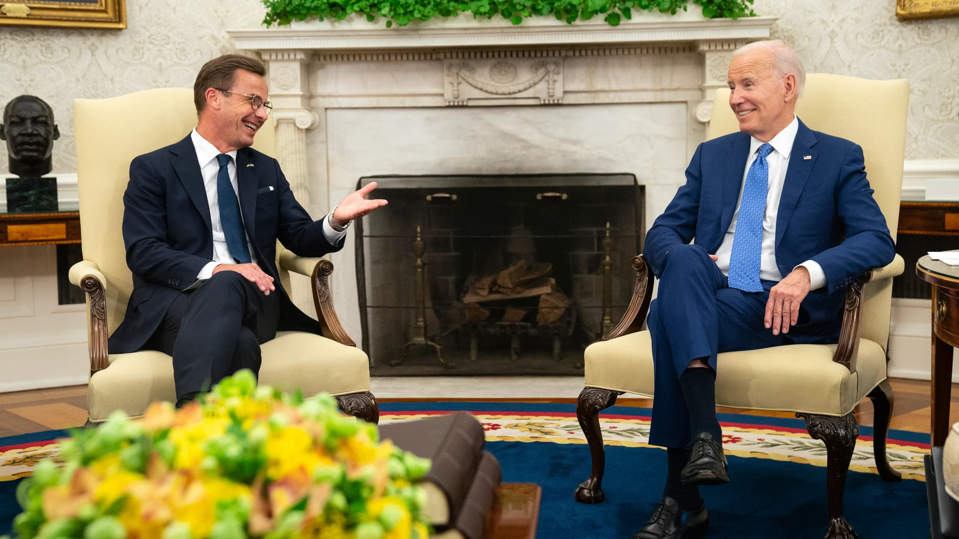 President Joe Biden meets with Swedish Prime Minister Ulf Kristersson in the Oval Office of the White House, Wednesday, July 5, 2023, in Washington. (AP Photo/Evan Vucci)