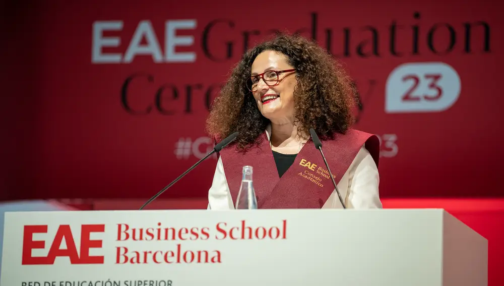 Olga Sánchez, madrina del acto de graduación de EAE Business School de Planeta Formación, Barcelona, 7 de Julio de 2023.