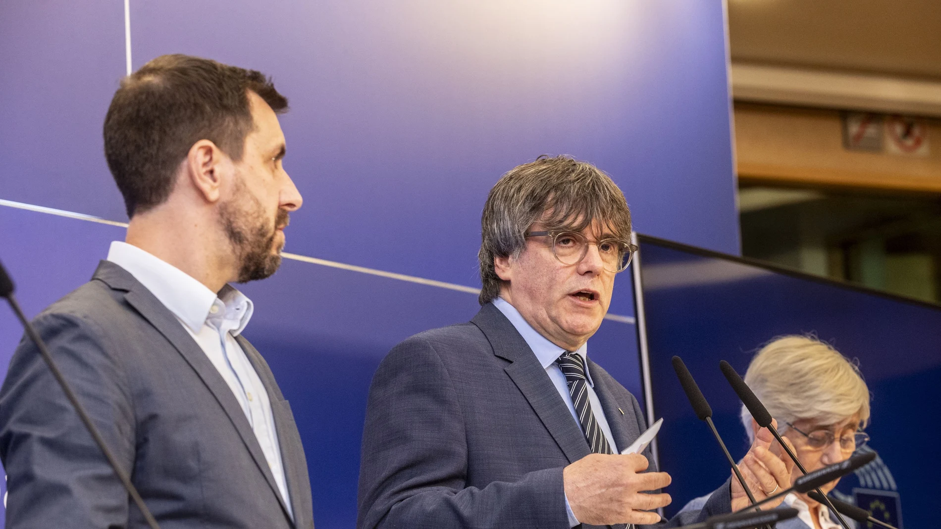 Antoni Comin I Oliveres and Catalan leader in exile Carles Puigdemont pictured during a press conference regarding the evaluation of the sentence of the Court of the European Union on the lifting of the euro-parliamentary immunity of Catalan leader Puigdemont and separatists Comin and Ponsati, Wednesday 05 July 2023, at the European parliament, in Brussels.