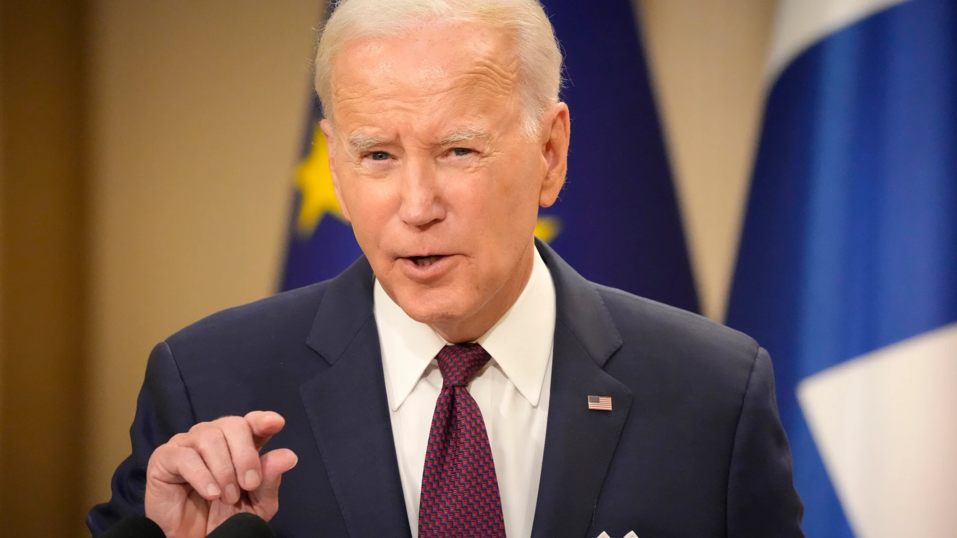 U.S. President Joe Biden gestures during a press conference in Helsinki, Finland, Thursday, July 13, 2023. Biden is in Finland to attend the US–Nordic Leaders' Summit. (AP Photo/Sergei Grits)