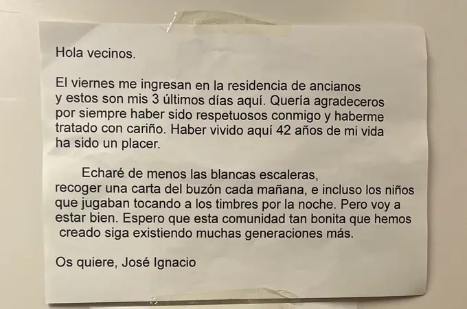 Un anciano se despide de sus vecinos antes de ingresar en una residencia con esta conmovedora carta
