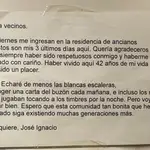 Carta de un vecino despidiéndose de su comunidad al marcharse a una residencia de ancianos