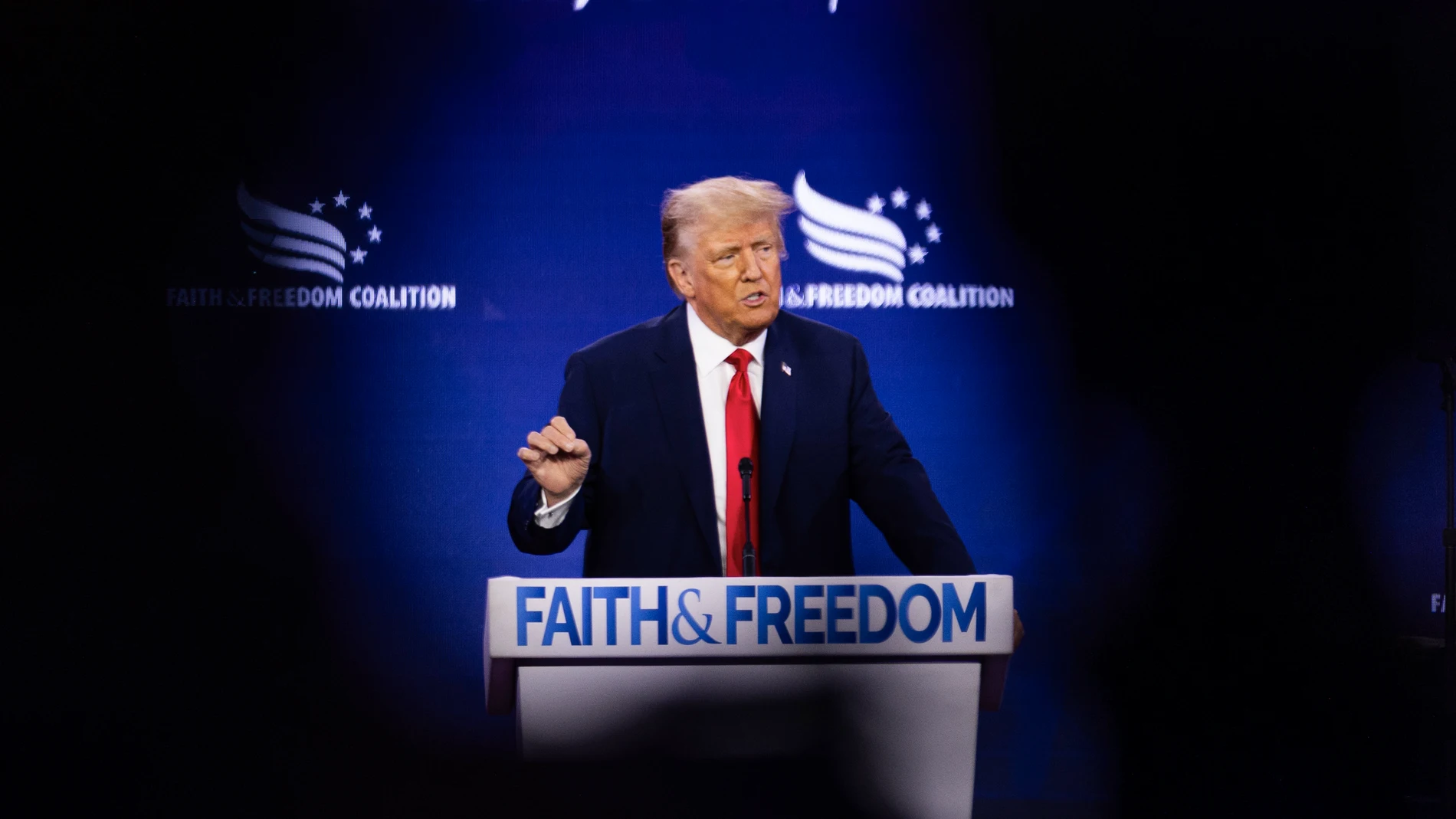 June 24, 2023, Washington DC, United States: President Donald Trump, speaks at the conference. Former President Donald Trump speaks at the Faith and Freedom Coalition's annual conference called the Road to Majority in Washington D.C, at the Washington Hilton. 24/06/2023