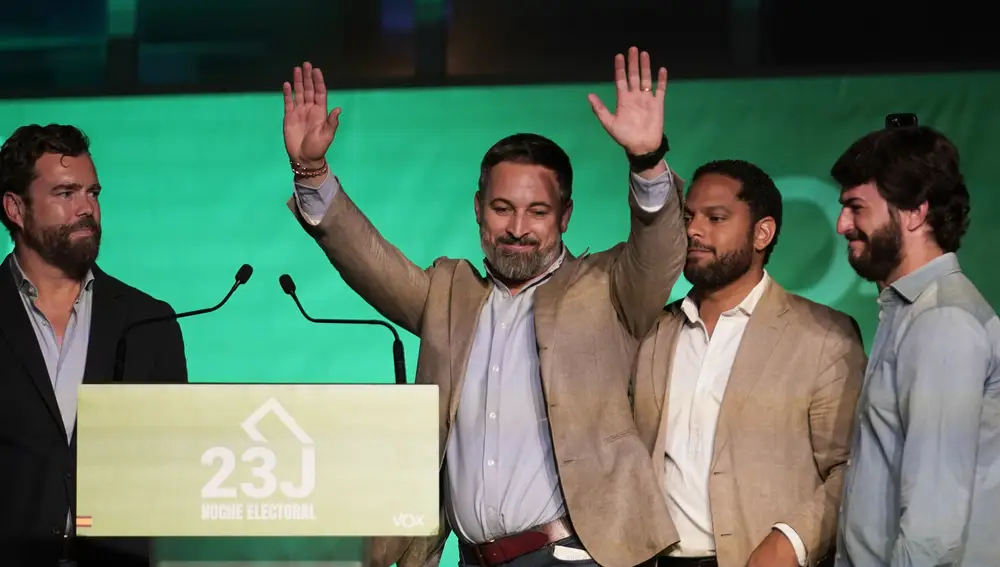 Santiago Abascal, leader of the far-right Vox party, waves to supporters outside the party headquarters following Spain's general election in Madrid, Sunday, July 23, 2023. Spain's conservative Popular Party is set to narrowly win the country's national election but without the majority needed to topple the coalition government of Socialist Prime Minister Pedro Sánchez. 