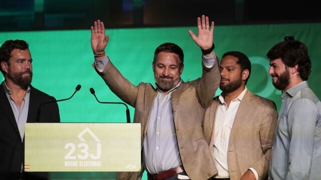 Santiago Abascal, leader of the far-right Vox party, waves to supporters outside the party headquarters following Spain's general election in Madrid, Sunday, July 23, 2023. Spain's conservative Popular Party is set to narrowly win the country's national election but without the majority needed to topple the coalition government of Socialist Prime Minister Pedro Sánchez. 