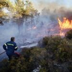 Un bombero trata de extinguir este martes un incendio en Grecia. El primer ministro griego, Kyriakos Mitsotakis, ha reconocido que será un verano "muy difícil" por los incendios: "No hay solución mágica"