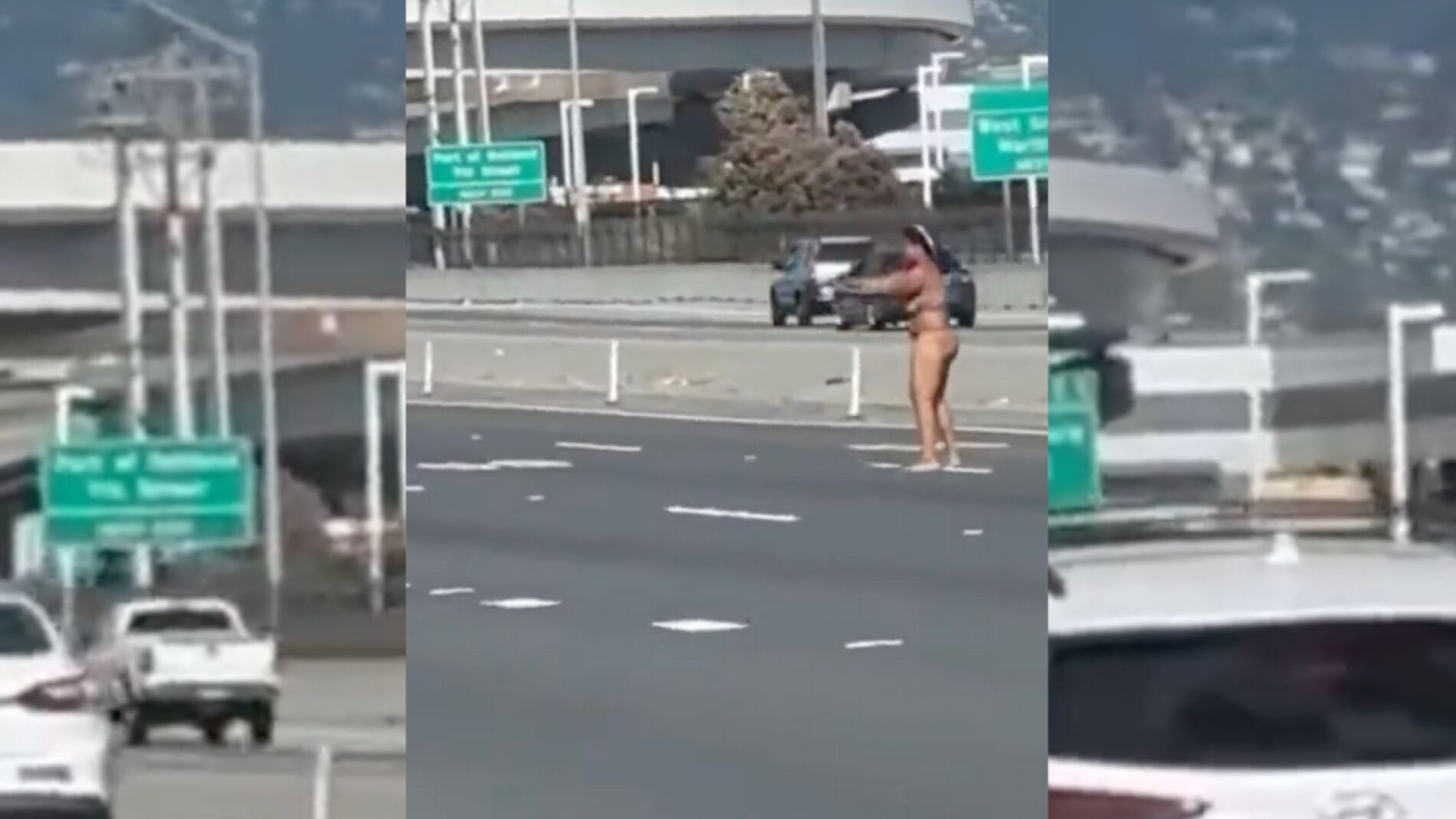 Vídeo Mujer desnuda desata el caos en medio de una autopista disparando a vehículos sin control en San Francisco