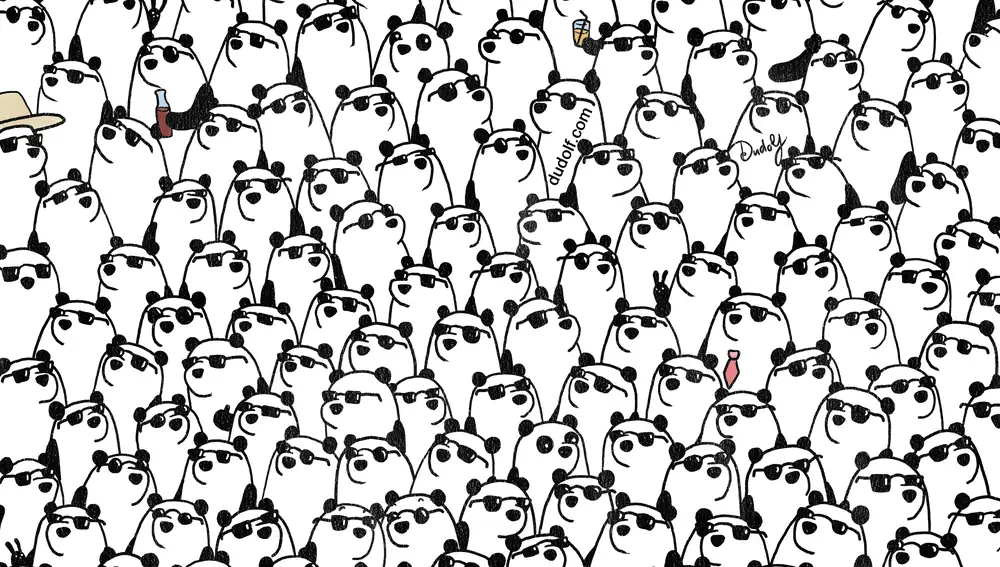 Encuentra los tres osos panda que no tienen gafas de sol