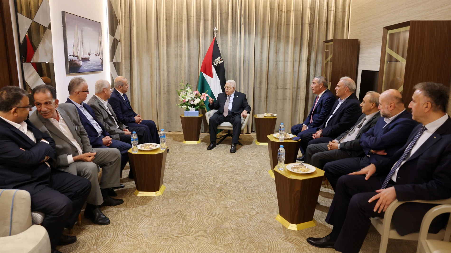 July 29, 2023, El Alamein, El Alamein, Egypt: Palestinian President, Mahmoud Abbas, meets with the delegation of the Popular Front participating in the meeting of the general secretaries of the factions in El Alamein, Egypt on July 29, 2023 29/07/2023