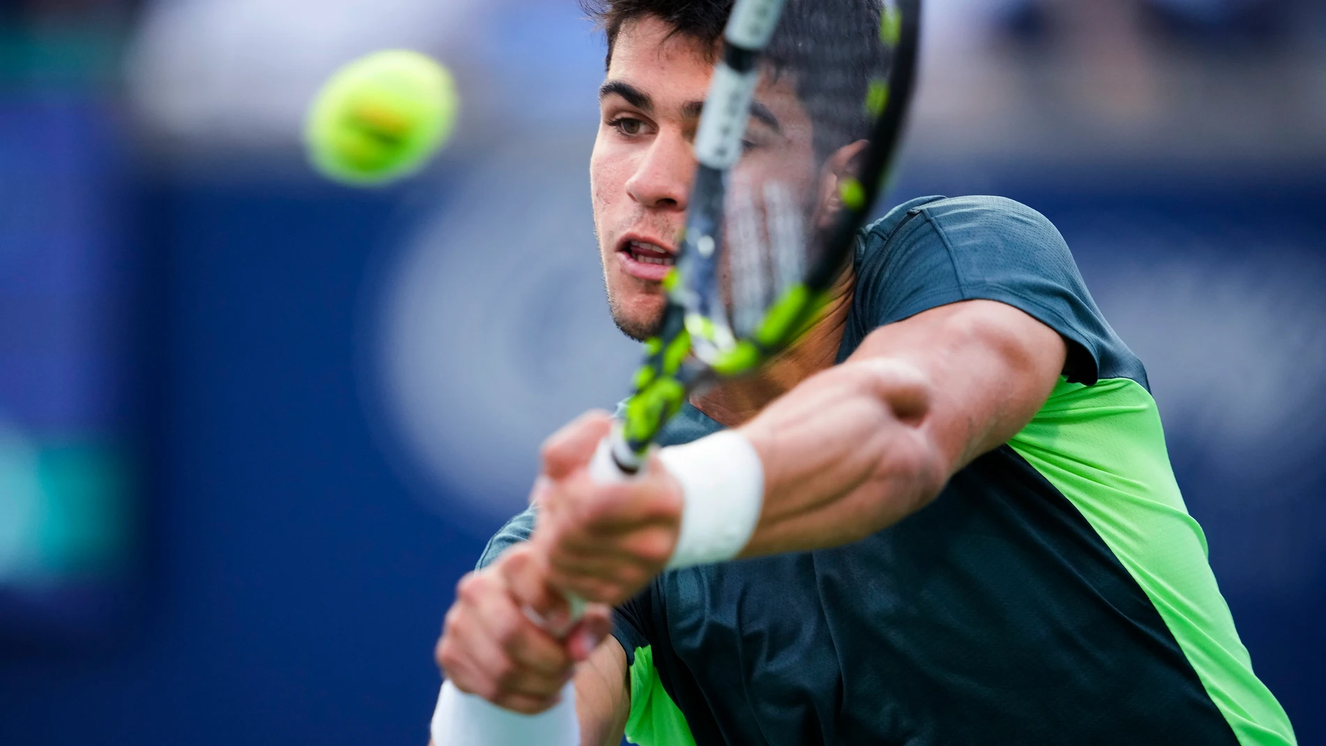 Spain's Carlos Alcaraz hits a backhand to United States' Ben Shelton during the National Bank Open men’s tennis tournament Wednesday, Aug. 9, 2023, in Toronto. (Mark Blinch/The Canadian Press via AP)